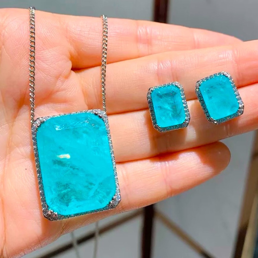 ✨Paraiba Tourmaline Earring and Pendant Halo Set✨